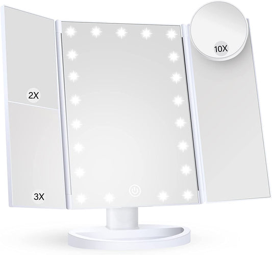 Illuminate Your Beauty: Trifold LED Makeup Mirror with Touch Control, 2X 3X 10X Magnification, Lighted Vanity Mirror for Precision Glam 