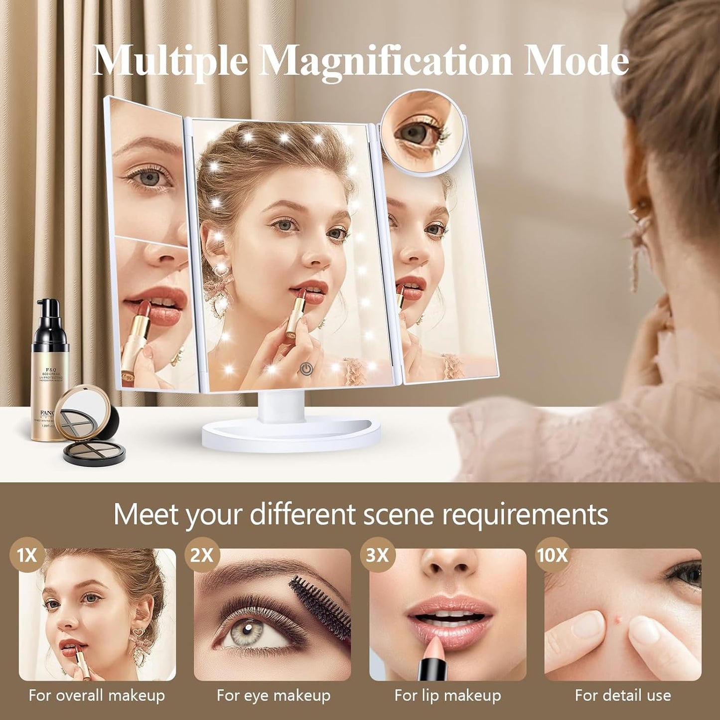Illuminate Your Beauty: Trifold LED Makeup Mirror with Touch Control, 2X 3X 10X Magnification, Lighted Vanity Mirror for Precision Glam 