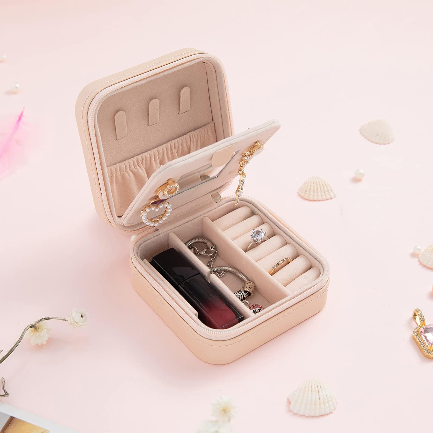 Chic and Compact: Pink Travel Jewelry Case with Mirror - The Ultimate Organizer for Girls and Women On the Go