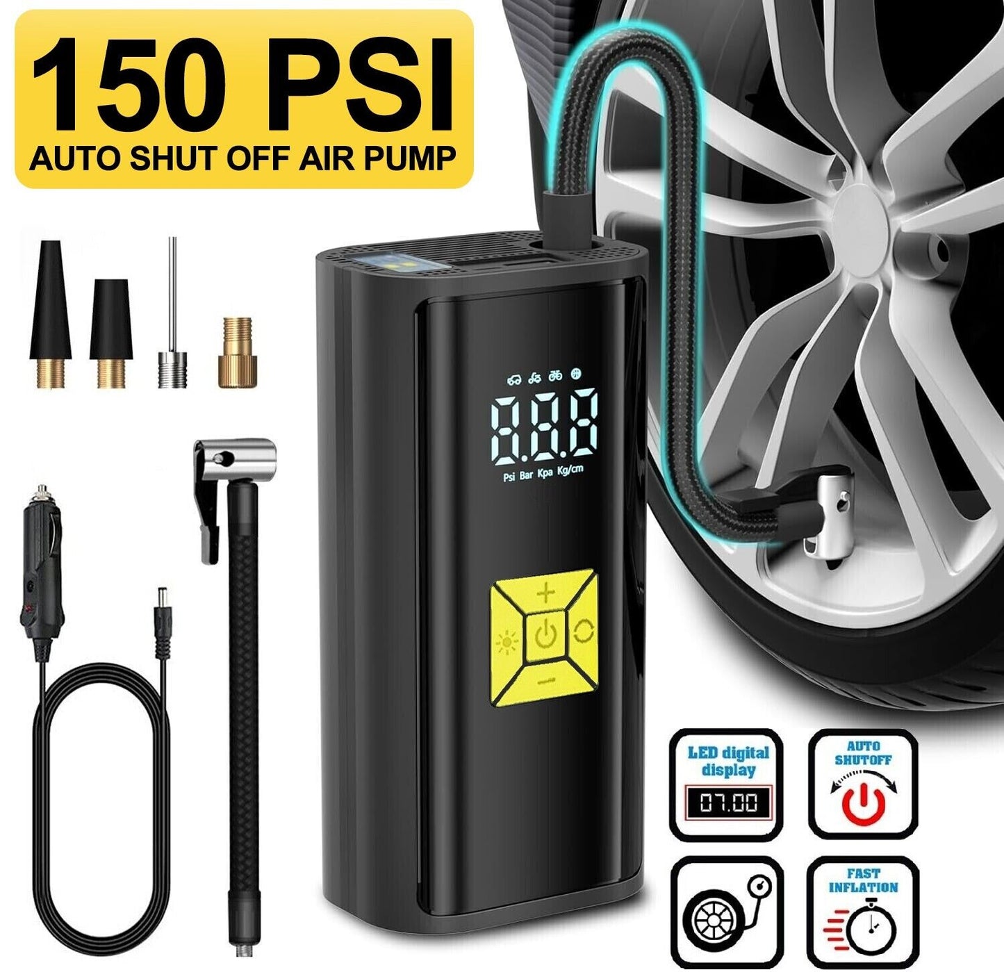 Drive with Confidence: Portable 12V Electric Tire Inflator - 150 PSI Car Air Pump Compressor for On-the-Go Assurance