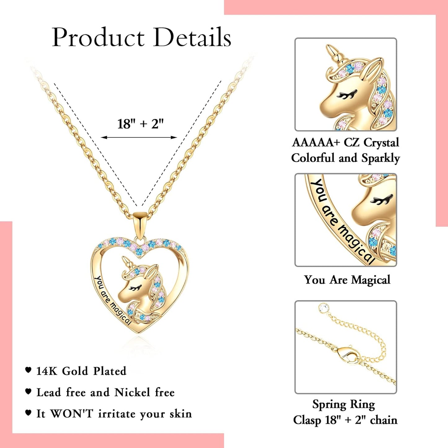 Unicorns  14K  Gold Plated  Heart Pendant  Necklace  for Girls 