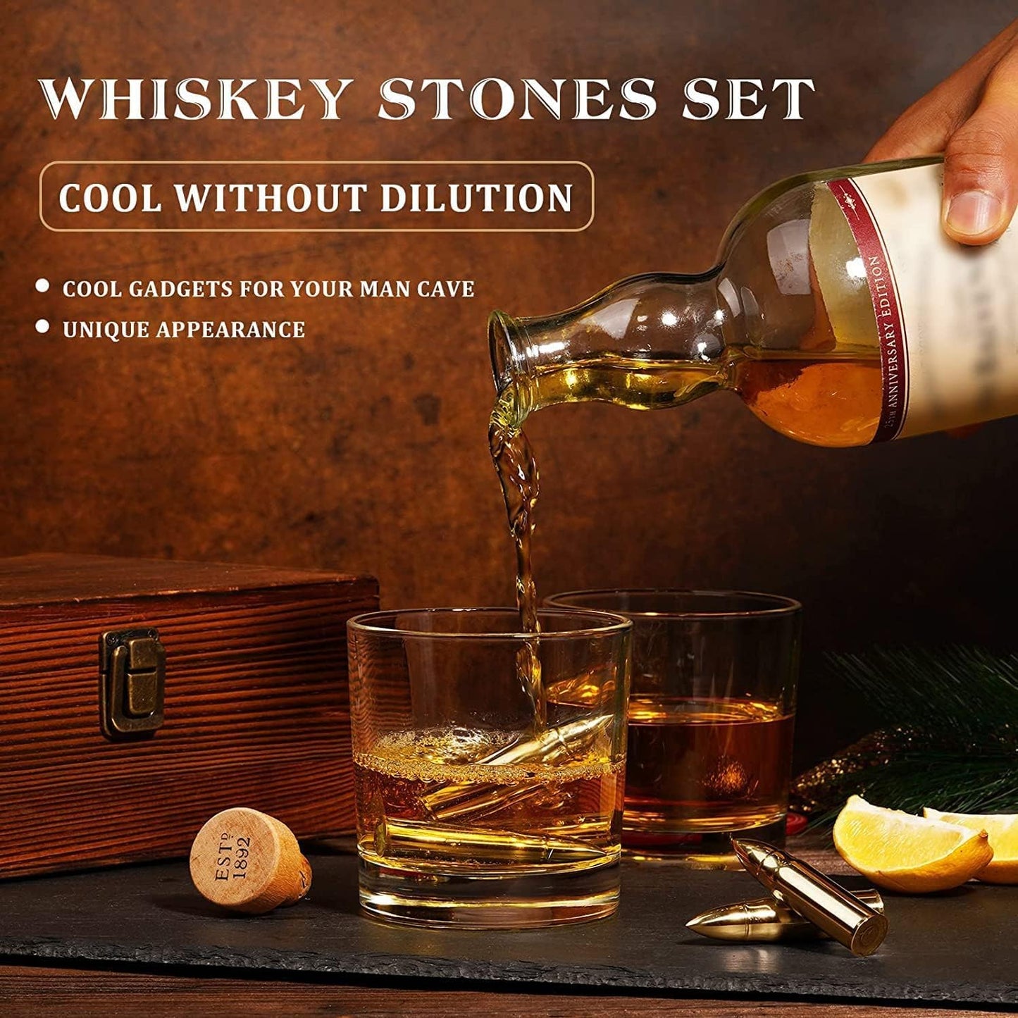 "Cheers to Love: Unique Whiskey bullet Stones Set – Perfect Gifts for Him, Dad, and Boyfriend on Valentines, Anniversaries, and Birthdays! 